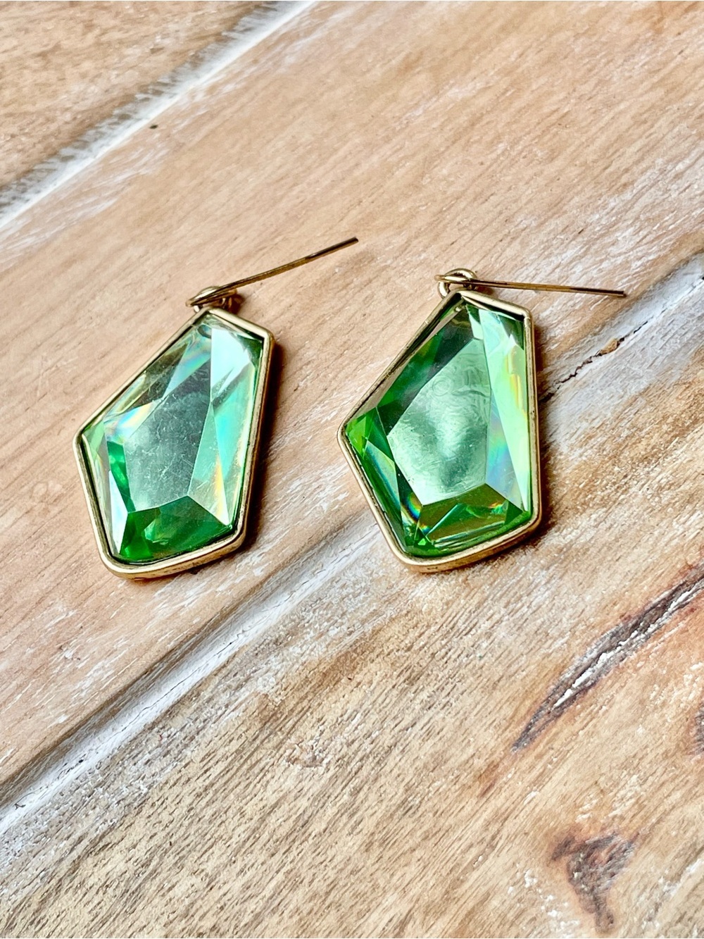 Gold-Trim Green / Aqua Crystal Faceted Glass Drop Earrings - Womens Jewelry - Picture 4 of 6